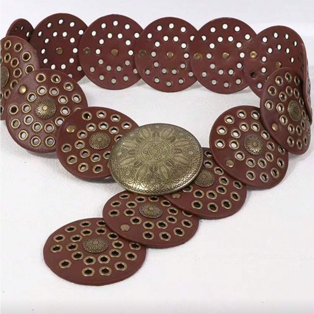 Brown Western Style Studded Belt with Gold Accents - Picture 2 of 3